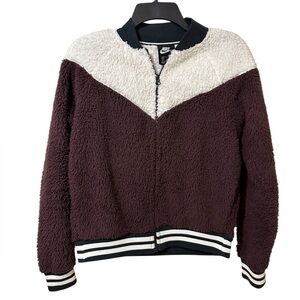 NIKE tri-color cotton blend fuzzy zip front teddy jacket size Small
